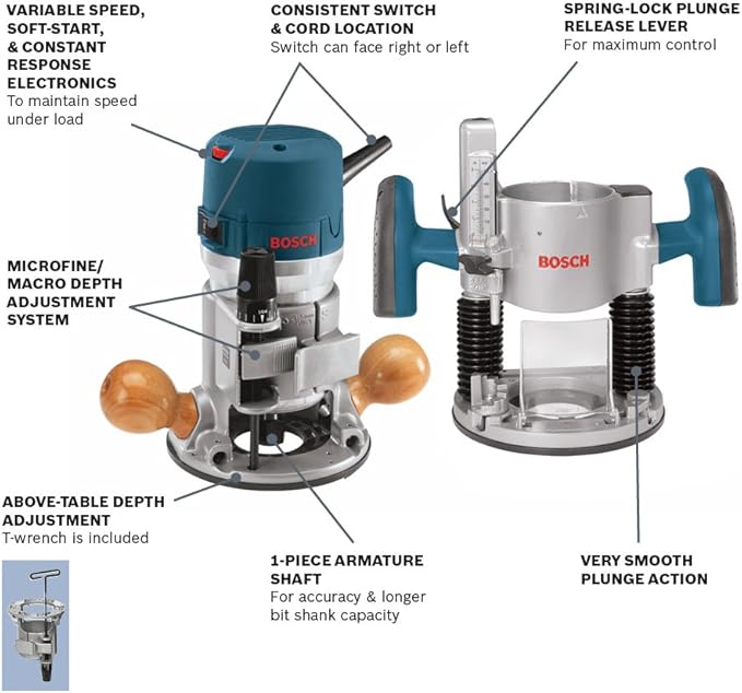 BOSCH 1617EVSPK Wood 12 Amp Router Tool Combo Kit - 2.25 Horsepower Plunge Router & Fixed Base with a Variable Speed Motor