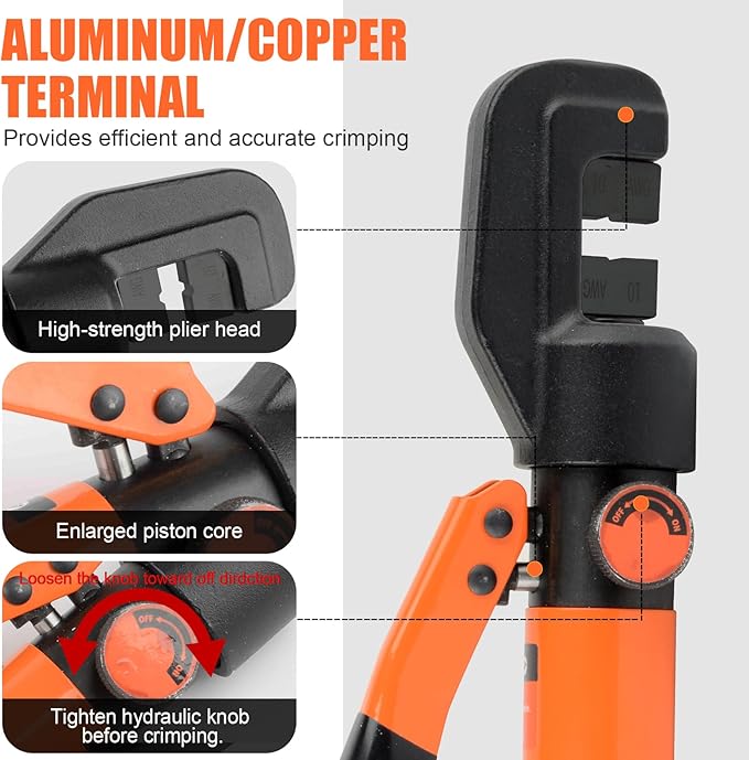 HZLZRZ Hydraulic Crimping Tool Range 12 AWG-2/0 AWG for Cable Lugs, Hand Operated Wire Terminal Lug Tool with 9 Pairs of Dies (Standard US)