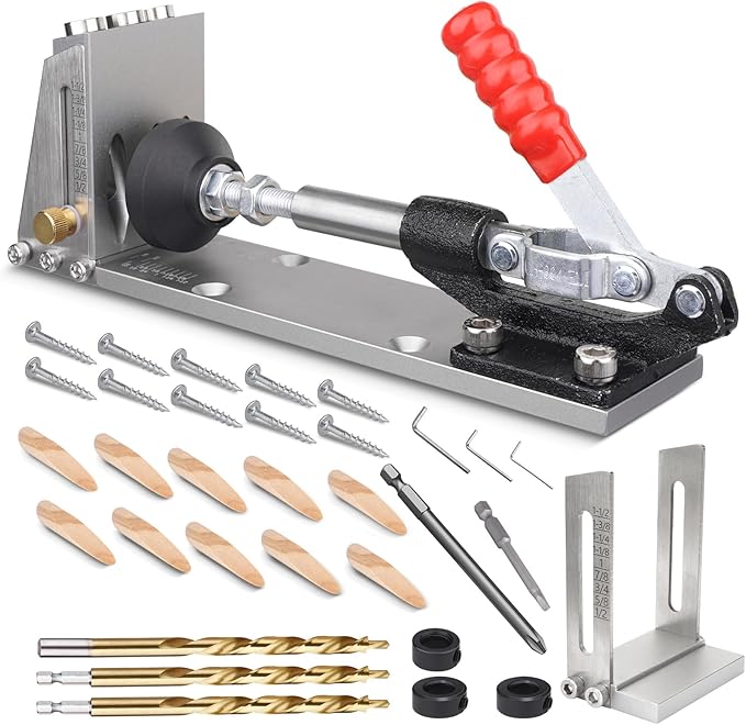 Pocket Hole Jig Kit, Pocket Hole Drill Guide Jig Set for 15° Angled Holes, Adjustable Angle Grill Guide Pocket Screw Jig