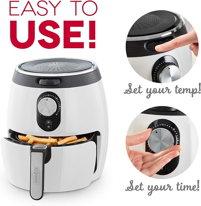 Dash Deluxe Electric Air Fryer + Oven Cooker with Temperature Control, Non-stick Fry Basket, Recipe Guide + Auto Shut off Feature, 1200-Watt, 3 Quart - White