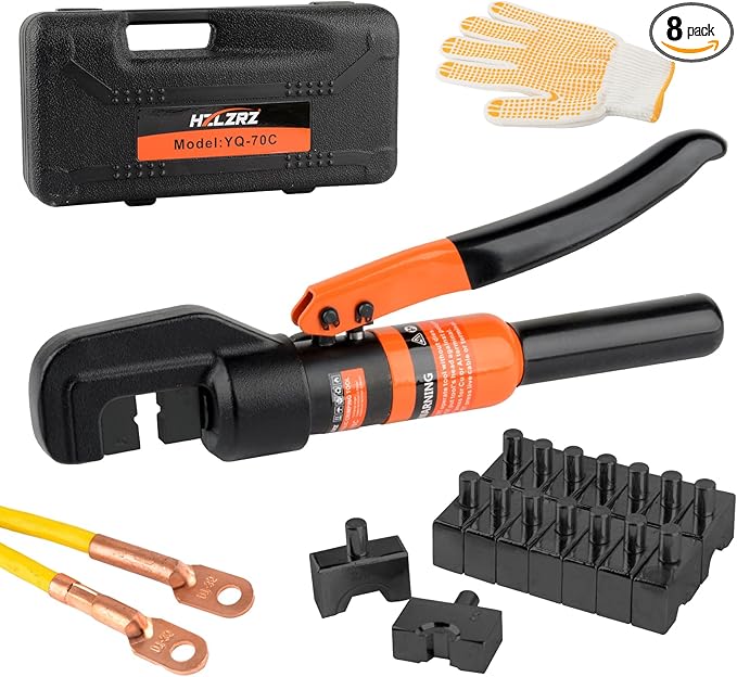 HZLZRZ Hydraulic Crimping Tool Range 12 AWG-2/0 AWG for Cable Lugs, Hand Operated Wire Terminal Lug Tool with 9 Pairs of Dies (Standard US)