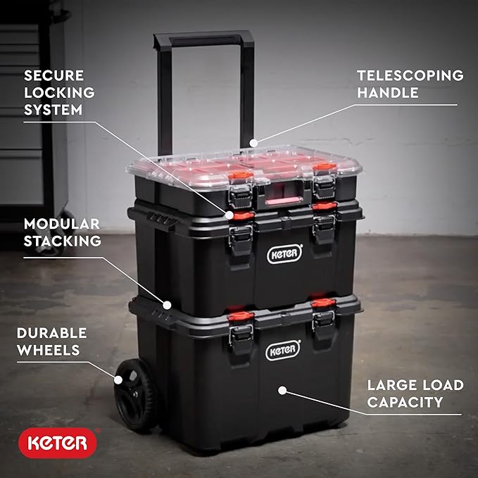 Keter Stack-n-Roll Modular Tools Organizer for Garage Storage and DIY, 3 Piece Resin Rolling Tool Box System for Small Parts