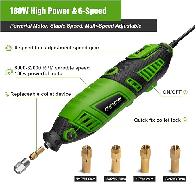 180W Rotary Tool Kit, 1.5-Amp PHALANX 6 Variable Speed with Flex Shaft, 8000-32000RPM Multi-Tool& 139pcs Accessories Kit, Power Multiuse Set Prefect for Crafting Projects and DIY Creations…