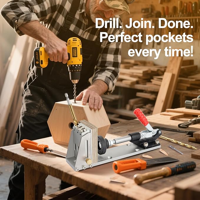 Pocket Hole Jig Kit, Pocket Hole Drill Guide Jig Set for 15° Angled Holes, Adjustable Angle Grill Guide Pocket Screw Jig