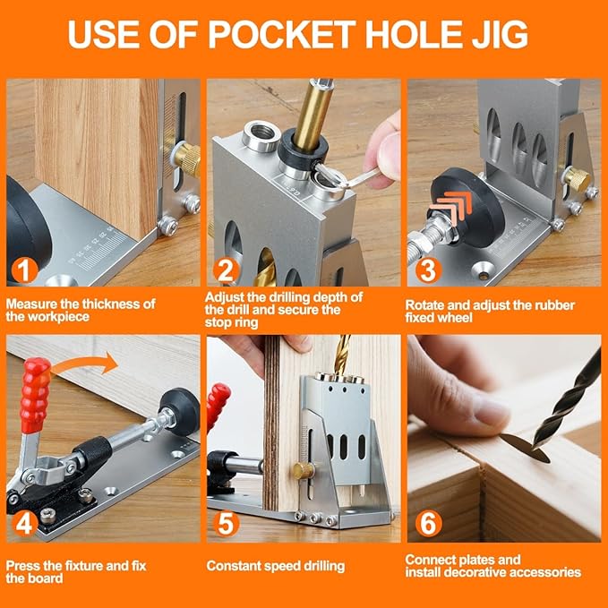 Pocket Hole Jig Kit, Pocket Hole Drill Guide Jig Set for 15° Angled Holes, Adjustable Angle Grill Guide Pocket Screw Jig