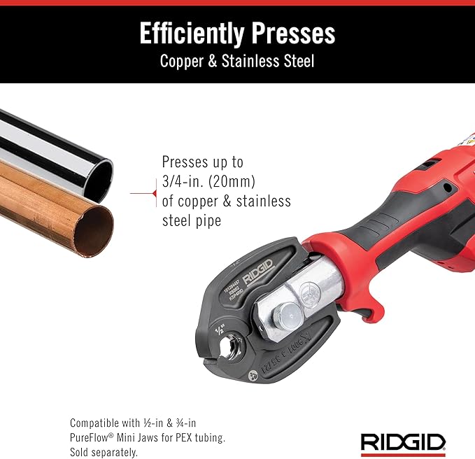 RIDGID 72553 Model RP 115 Mini Press Tool and Battery Kit with 1/2" to 3/4" ProPress Press Tool Jaws, 2V Li/Ion Battery, 12V Charger, and Carrying Case , Red