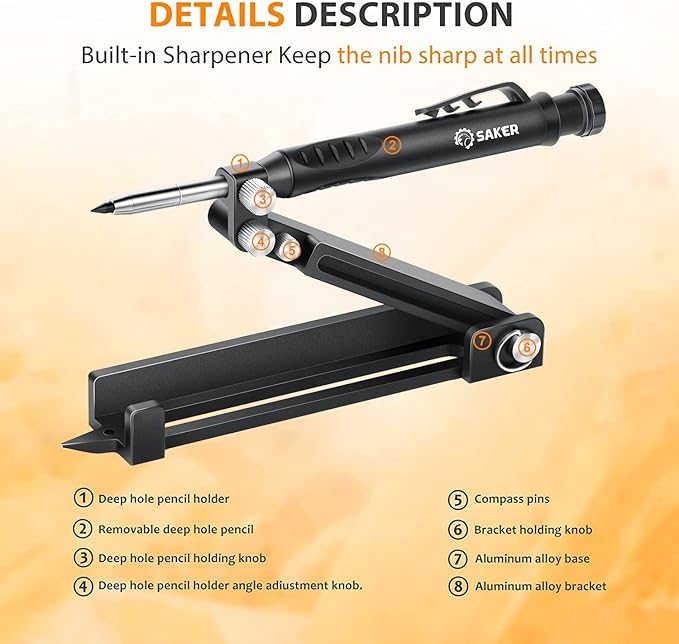 Saker Multi-function Scribing Tool- Construction Pencil- Aluminum Alloy Scribe Tool with Deep Hole Pencil,DIY Woodworking Scribe Gauge Scriber Line Maker Measuring Tool,Multifunctional Tools