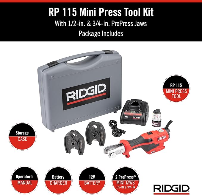 RIDGID 72553 Model RP 115 Mini Press Tool and Battery Kit with 1/2" to 3/4" ProPress Press Tool Jaws, 2V Li/Ion Battery, 12V Charger, and Carrying Case , Red