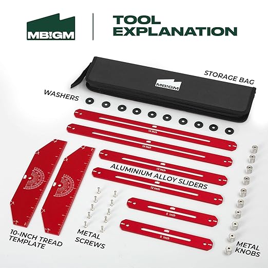 MBIGM Red Stair Gauge Tool with Metal Knobs and Double Rubber Washers – Stronger Hold and Durable Construction – Adjustable Stair Tread Template Tool for Accurate Wooden Stair Measurements