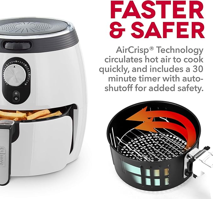 Dash Deluxe Electric Air Fryer + Oven Cooker with Temperature Control, Non-stick Fry Basket, Recipe Guide + Auto Shut off Feature, 1200-Watt, 3 Quart - White