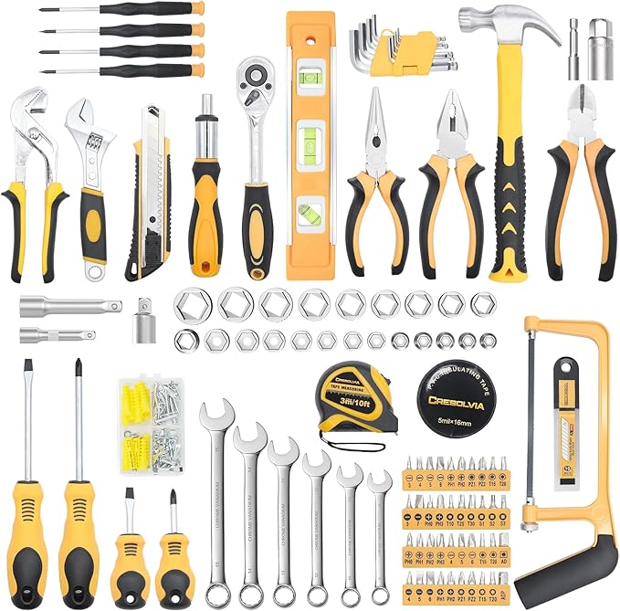 Home Tool Kit 199 Piece Basic Household Auto Repair Tool Set Car Toolbox General Hand Tool Kit for Home Men Women DIY with Plastic Toolbox Storage Case Pliers Wrench Combination