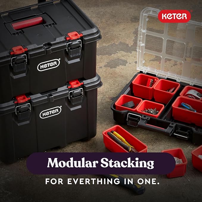 Keter Stack-n-Roll Modular Tools Organizer for Garage Storage and DIY, 3 Piece Resin Rolling Tool Box System for Small Parts