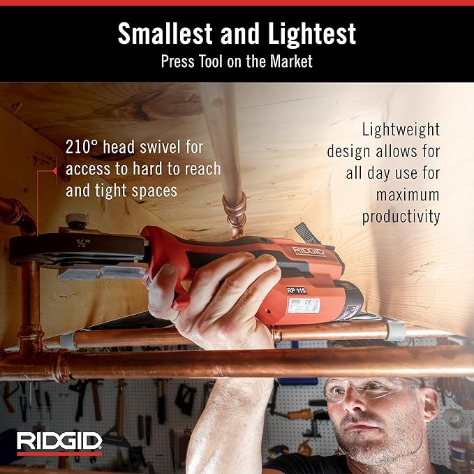 RIDGID 72553 Model RP 115 Mini Press Tool and Battery Kit with 1/2" to 3/4" ProPress Press Tool Jaws, 2V Li/Ion Battery, 12V Charger, and Carrying Case , Red