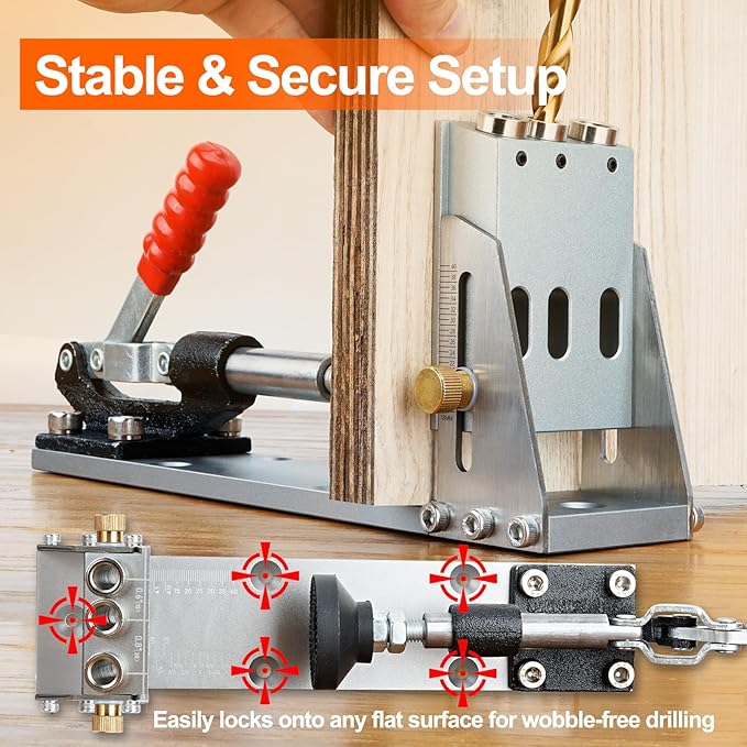 Pocket Hole Jig Kit, Pocket Hole Drill Guide Jig Set for 15° Angled Holes, Adjustable Angle Grill Guide Pocket Screw Jig
