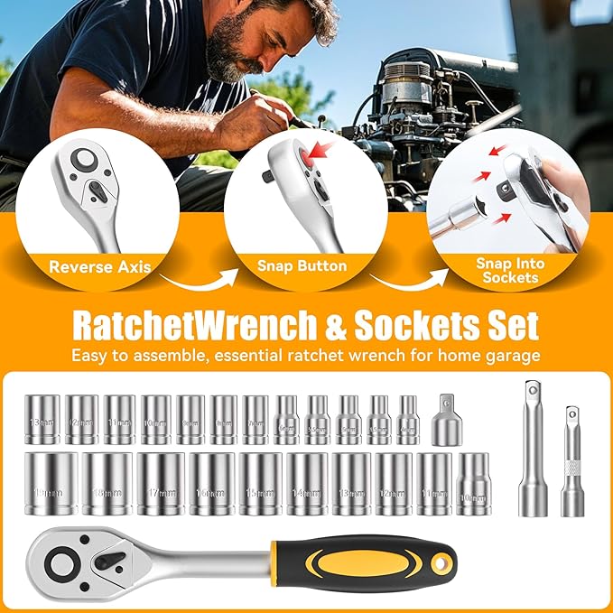 Home Tool Kit 199 Piece Basic Household Auto Repair Tool Set Car Toolbox General Hand Tool Kit for Home Men Women DIY with Plastic Toolbox Storage Case Pliers Wrench Combination