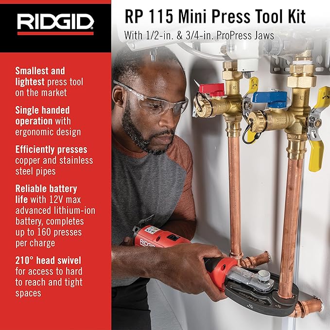 RIDGID 72553 Model RP 115 Mini Press Tool and Battery Kit with 1/2" to 3/4" ProPress Press Tool Jaws, 2V Li/Ion Battery, 12V Charger, and Carrying Case , Red